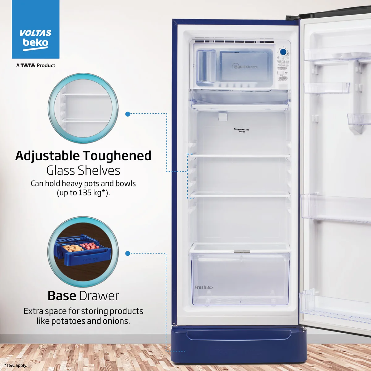 183 L 5 Star Direct Cool Single Door Refrigerator (RDC215A / W0BBRTM0000GO, Bonita Blue, Fresh Box Technology, with Quick Frezze) , Voltas Beko, A Tata Product - Image 6