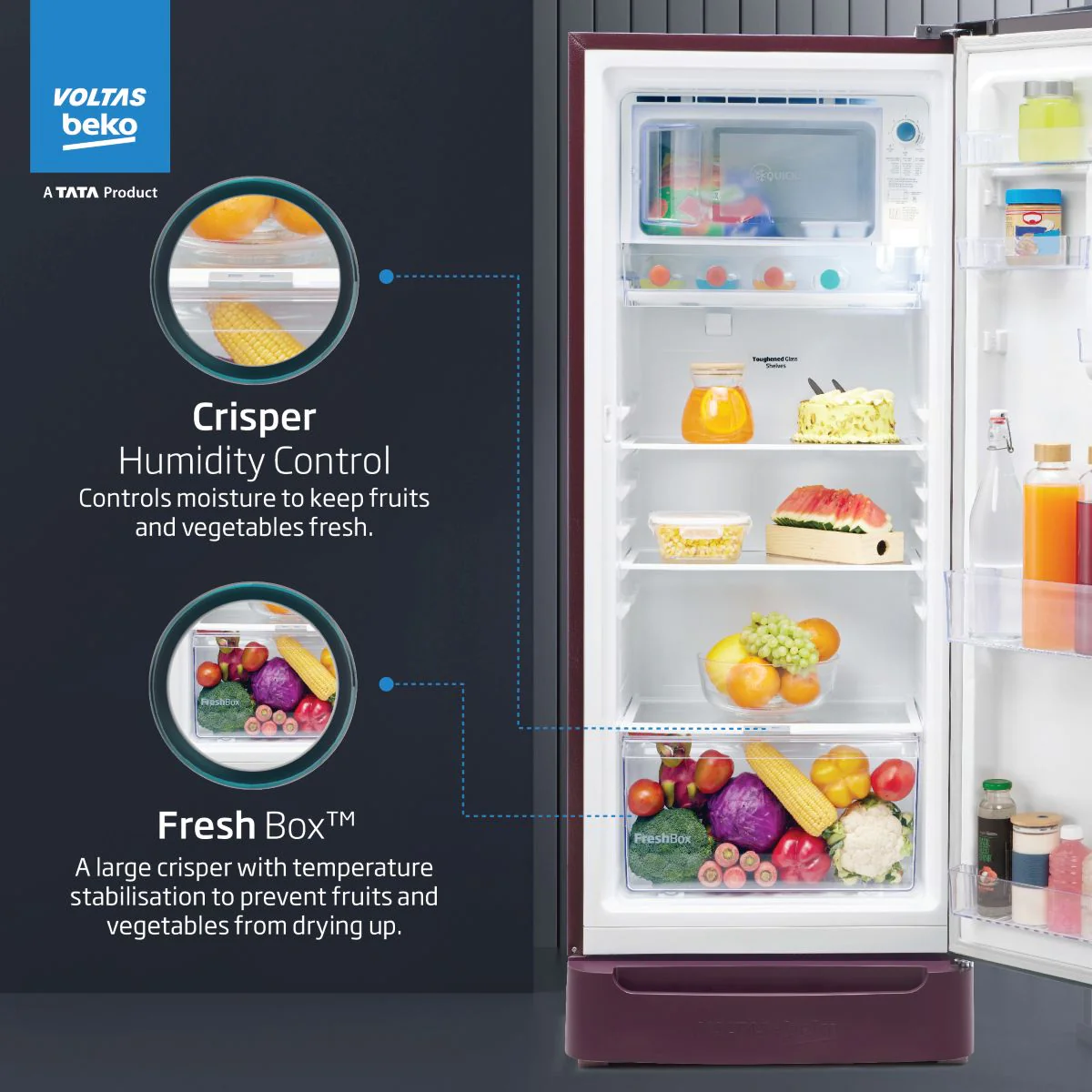 183 L 5 Star Direct Cool Single Door Refrigerator (RDC215A/W0BWRTM0B00GO, Bonita Wine, Fresh Box and Quick Freeze Technology, with Base Drawer) , Voltas Beko, A Tata Product - Image 6
