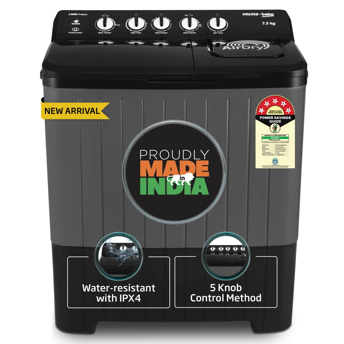 7.5 Kg 5 Star Semi Automatic Washing Machine (WTT75UHA/OK5B1B1S21, Black) , Voltas Beko, A Tata Product