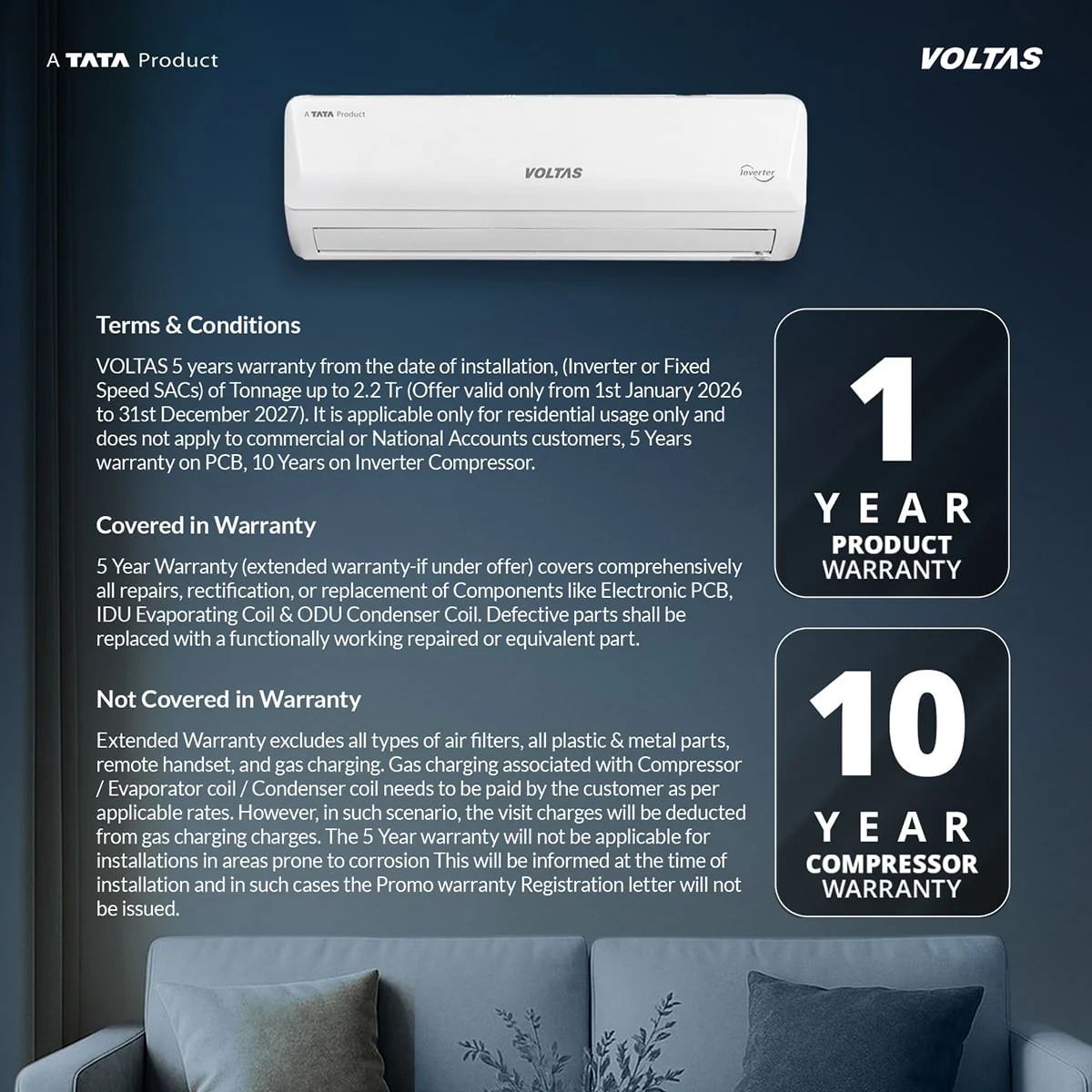 Voltas Split Air Conditioner, 1 Ton, 3 Star - 123INV Vectra Emerald - Image 13